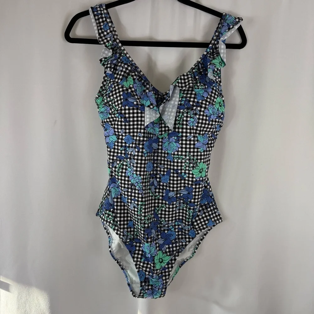Lands' End Blue Floral Checkered one piece Swimsuit size: 10